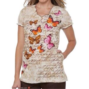 Koi by Kathy Peterson Butterfly Print Short Sleeve Scrub Top Size XS